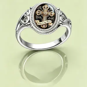 Ovaler konminry Kreuzring Jesus is my Peace mit silberfarbener Ringschiene