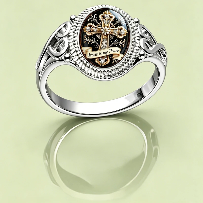 kf-Se607fbc3be3a42189651c86bebf6bd1aq Ovaler konminry Kreuzring Jesus is my Peace mit silberfarbener Ringschiene