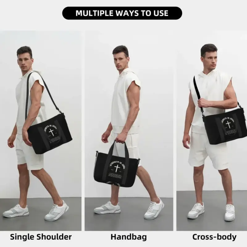 Christliche Sport- und Reisetasche in drei Trageweisen: Schulter, Tragegriffe und Crossbody