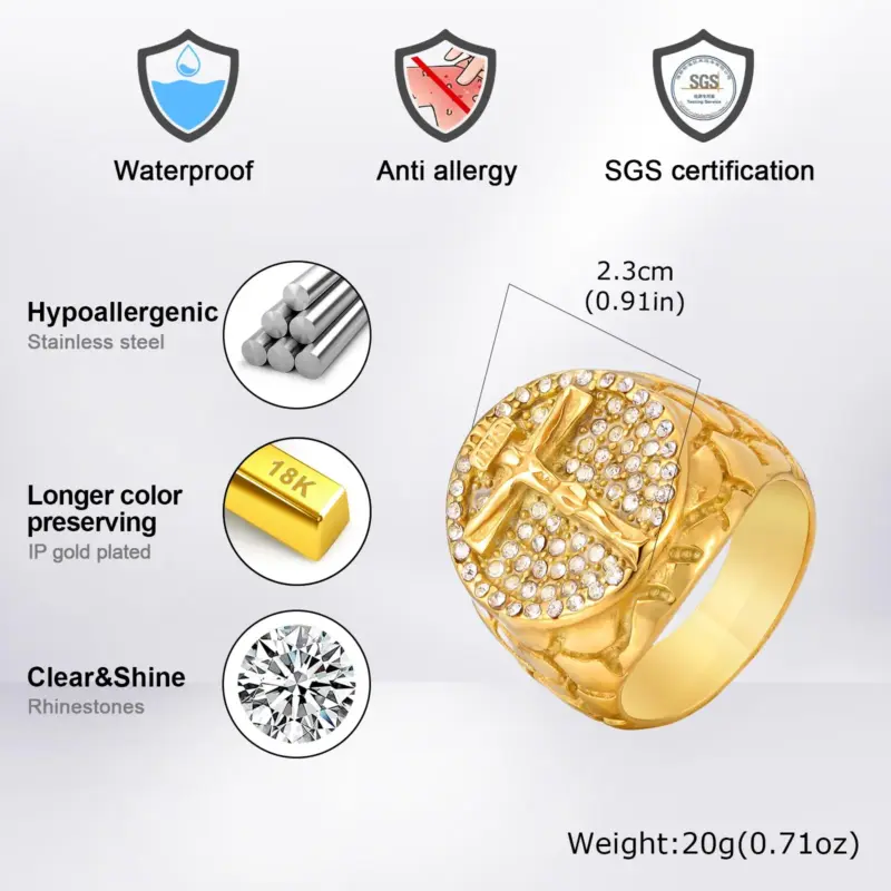Lieferanten-Grafik PRJEWEL runder Kruzifixring PJ-RC-1027G ca. 23 mm Ringkopf, Ziersteine und Goldoptik