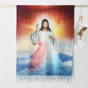 Jesus Christus Schal 180 × 70 cm mit roten und blauen Strahlen und Quasten