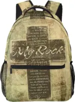 Christlicher Rucksack mit My Rock-Bibelvers in Beige – Frontansicht