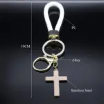 Maß- und Materialgrafik AFAWA Schlüsselanhänger ca. 19 cm, PU-Schlaufe, Edelstahlkreuz und Metalllegierungsbeschläge