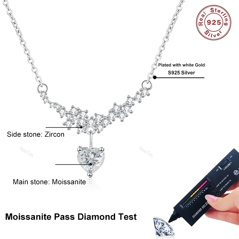 Materialbild der NeeTim Moissanit Herzkette mit S925 Silber und Zirkonia laut Anbieter