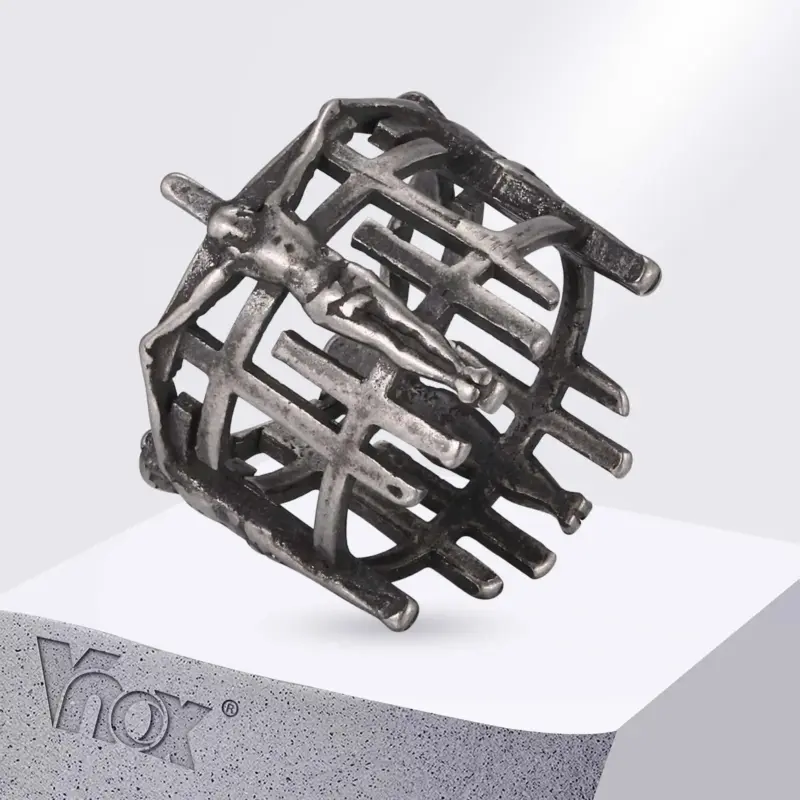 kf-Sff56d0eae1e741c791347b4230523bbbf VNOX Kruzifix-Käfigring mit Jesusfigur am Kreuz und offener Gitterstruktur aus dunklem Edelstahl