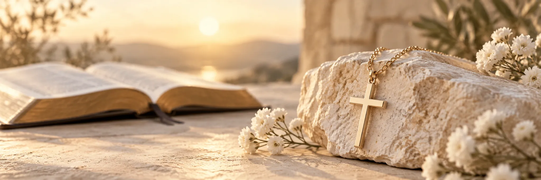 Redaktionelles Symbolbild: goldenes Kreuz auf Stein und geöffnete Bibel im warmen Morgenlicht