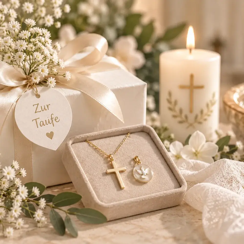 Christliche Gastgeschenke zur Taufe mit Kreuzschmuck, Taufkerze und Geschenkbox